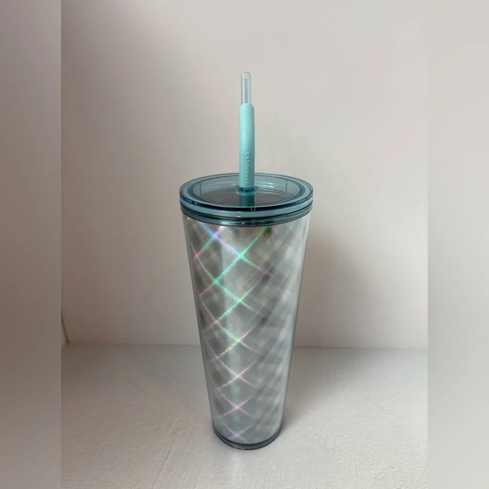 Starbucks Holographic Silver Tumbler with Blue Straw